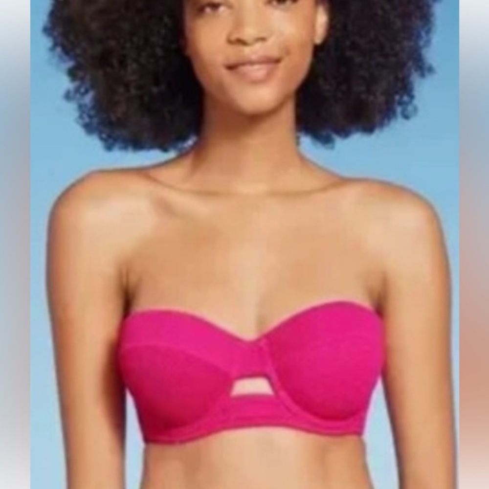 Pink Bandeau-Underwire- Textured-Keyhole-Bikini Top Only! No straps.